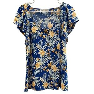 00119 - All in Love Women M Blue Floral Button Blouse Ruffle Sleeves Cottagecore
